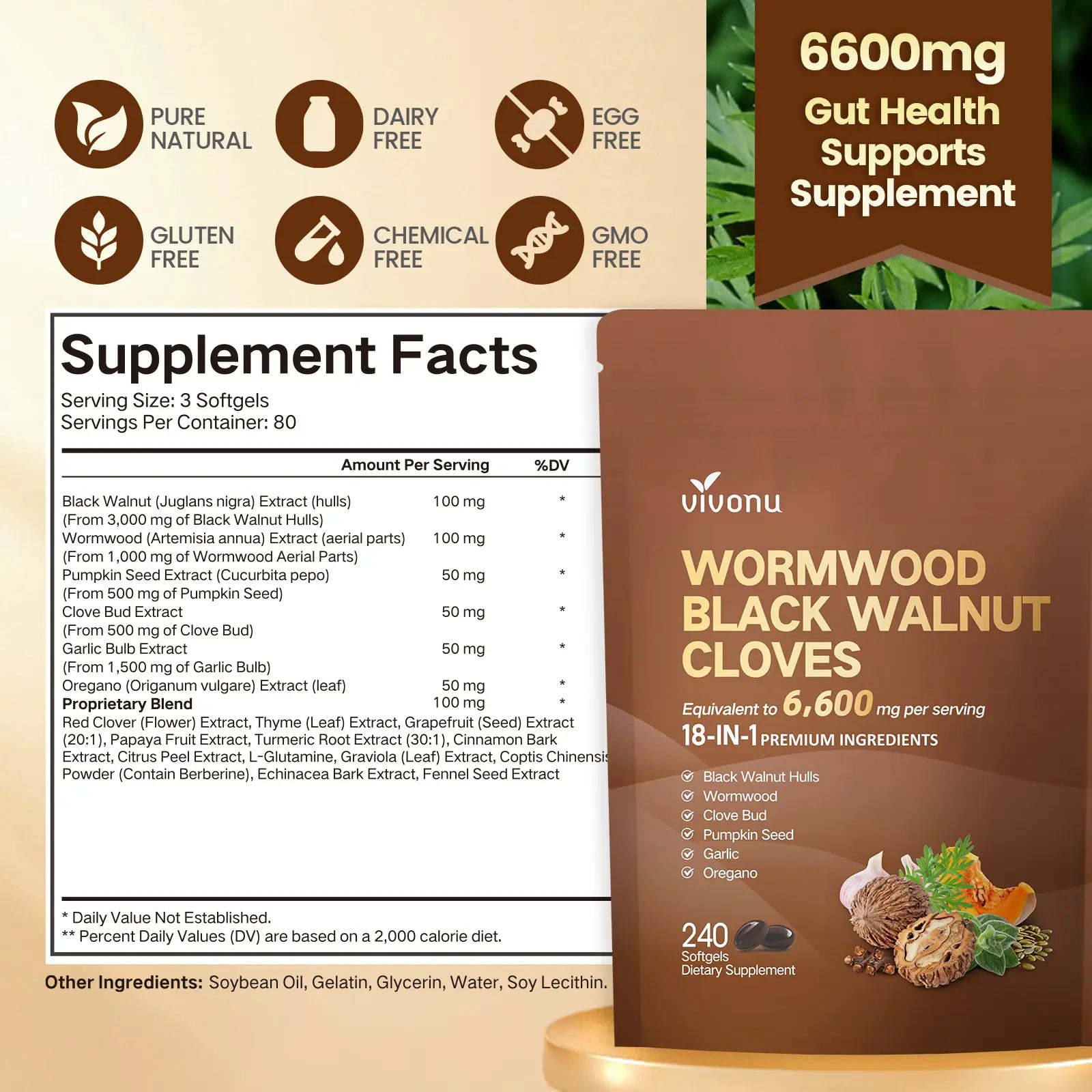 VIVONU Wormwood Black Walnut Cloves Capsules - Boost Metabolism & Enhance Energy | Contains Black Walnut, Garlic, Wormwood, and More | 240 Capsules (80-Day Supply)