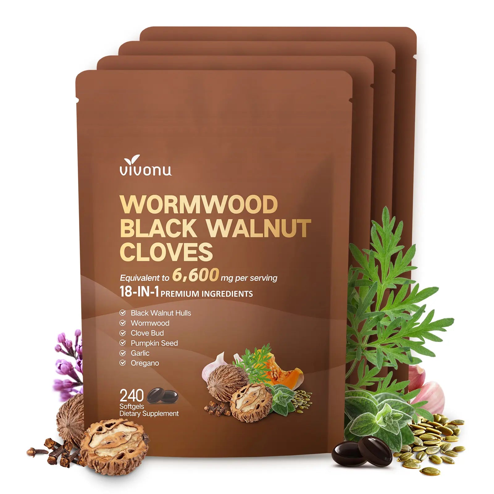 VIVONU Wormwood Black Walnut Cloves Capsules - Boost Metabolism & Enhance Energy | Contains Black Walnut, Garlic, Wormwood, and More | 240 Capsules (80-Day Supply)